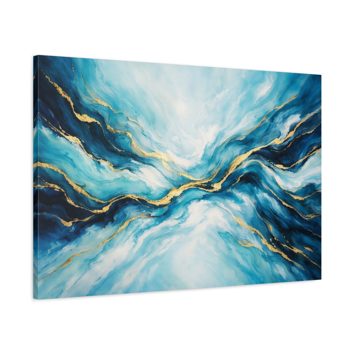 Side Mockup 1. Abstract Fluid Abstract Blue And Gold shown as stretched canvas wall art