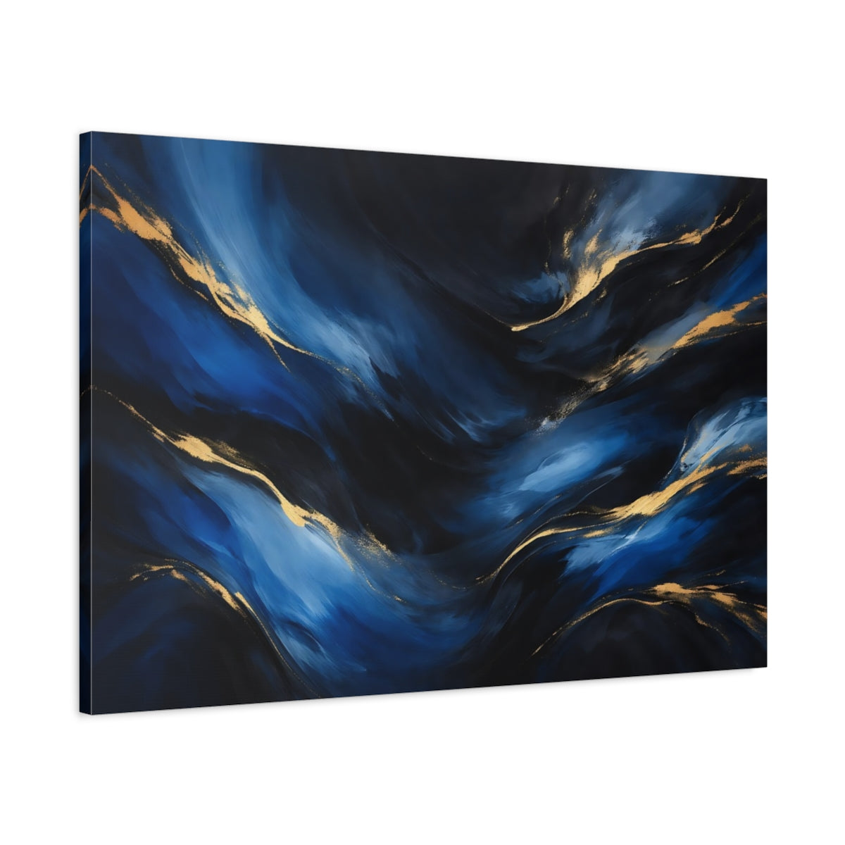 Side Mockup 1. Abstract Fluid Abstract Blue And Gold shown as stretched canvas wall art
