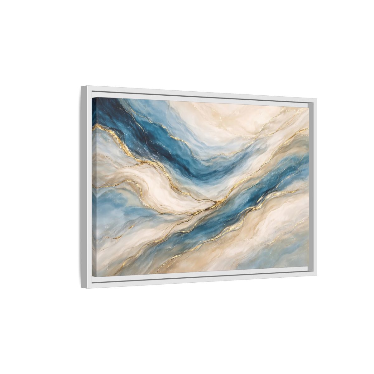 Side Mockup 1. Abstract Fluid Abstract Blue And Gold shown as stretched canvas wall art