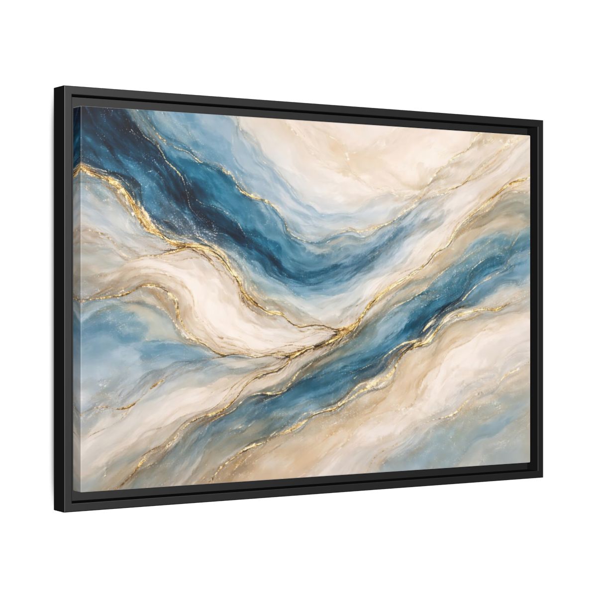 Side Mockup 14. Abstract Fluid Abstract Blue And Gold shown as stretched canvas wall art
