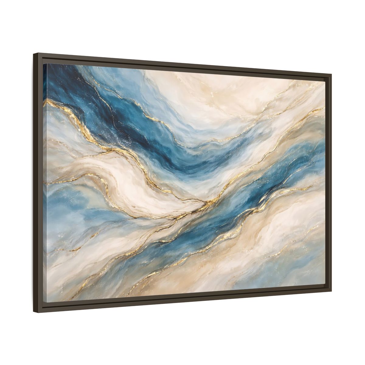 Side Mockup 9. Abstract Fluid Abstract Blue And Gold shown as stretched canvas wall art