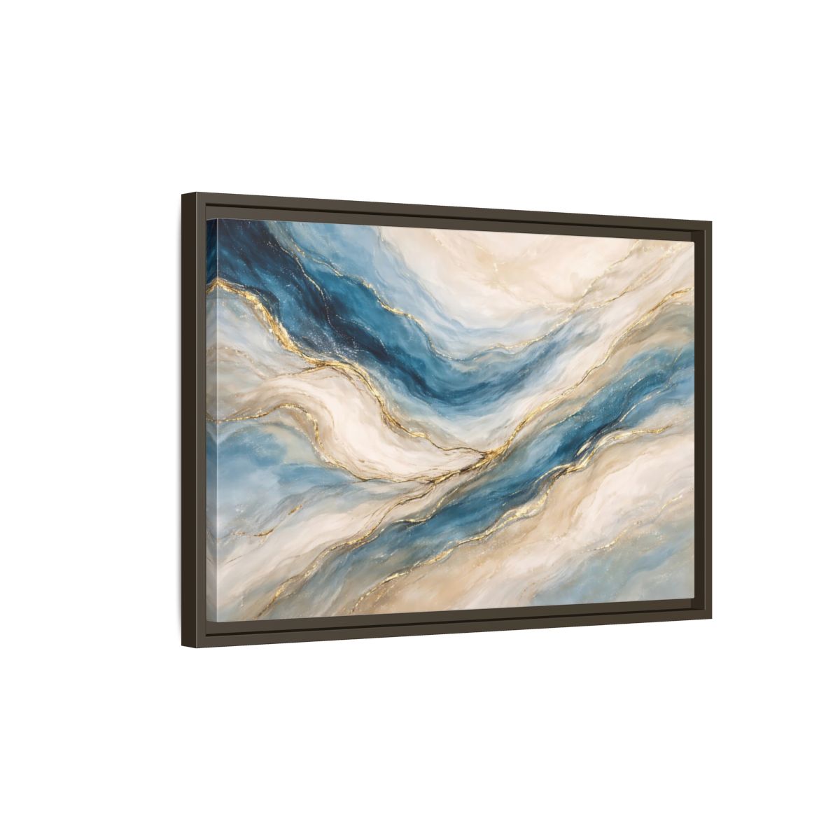Side Mockup 2. Abstract Fluid Abstract Blue And Gold shown as stretched canvas wall art