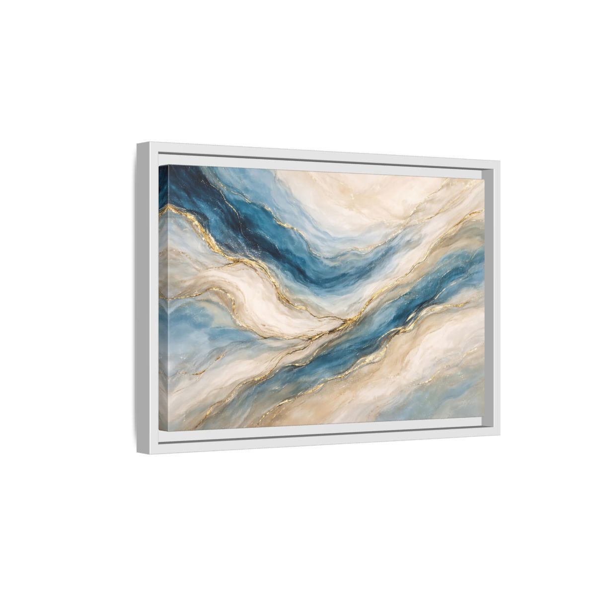 Side Mockup 4. Abstract Fluid Abstract Blue And Gold shown as stretched canvas wall art