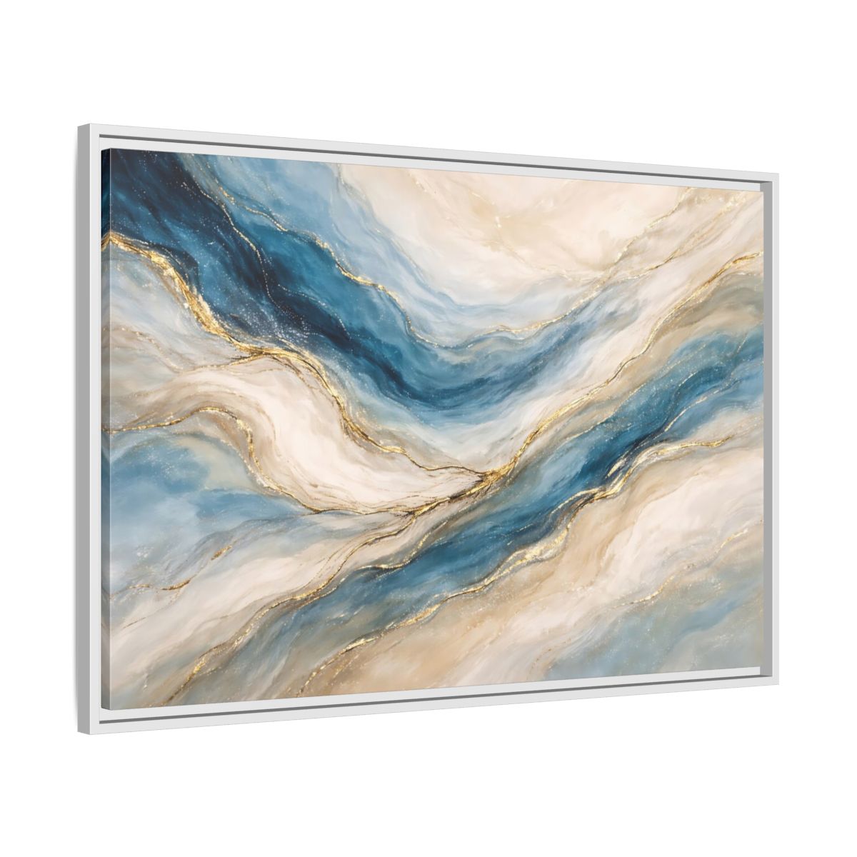 Side Mockup 8. Abstract Fluid Abstract Blue And Gold shown as stretched canvas wall art