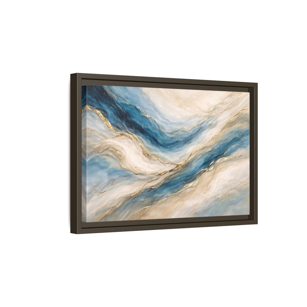 Side Mockup 5. Abstract Fluid Abstract Blue And Gold shown as stretched canvas wall art