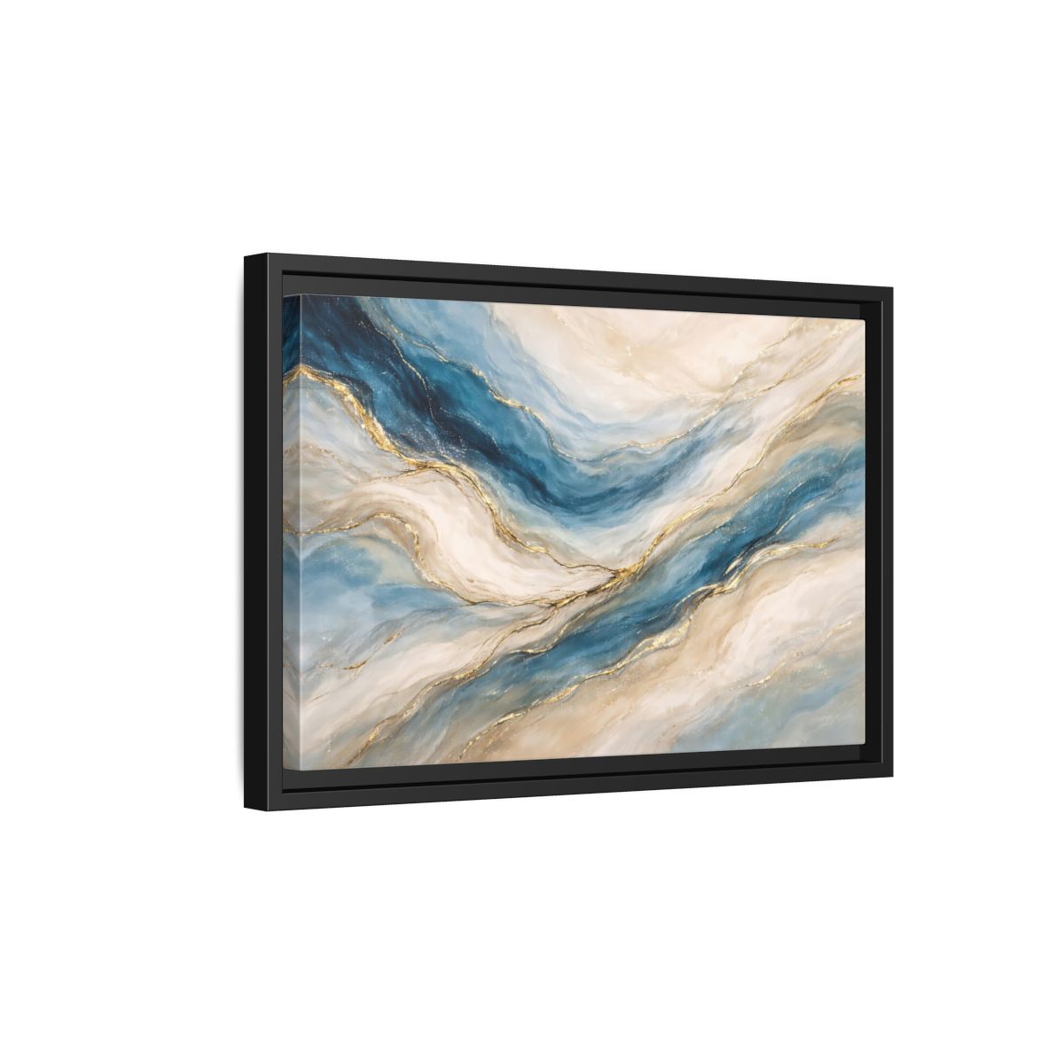 Side Mockup 6. Abstract Fluid Abstract Blue And Gold shown as stretched canvas wall art