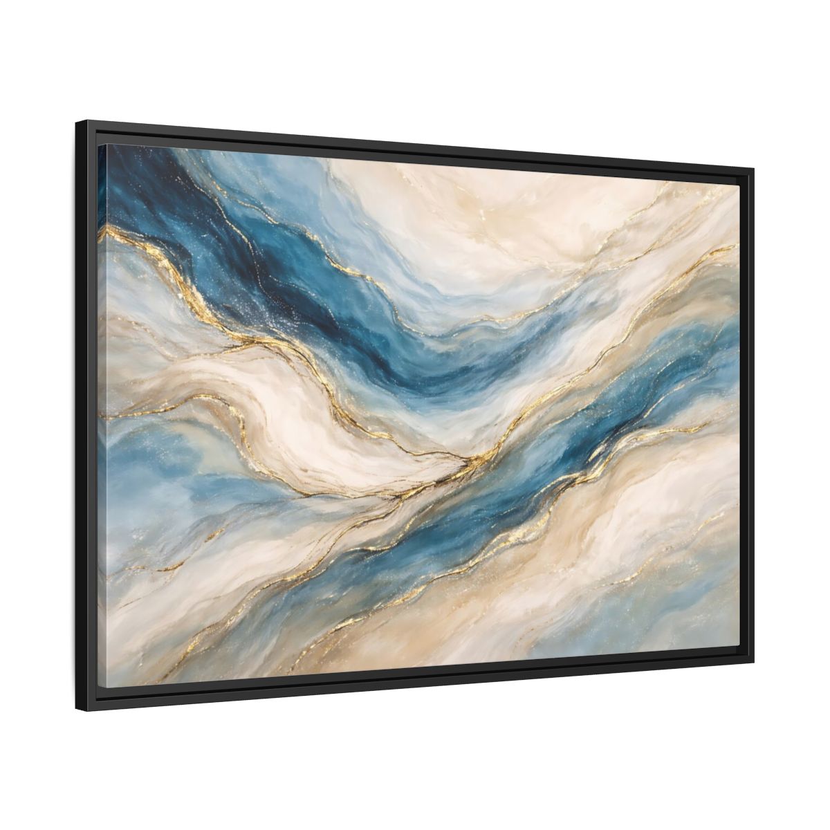 Side Mockup 13. Abstract Fluid Abstract Blue And Gold shown as stretched canvas wall art