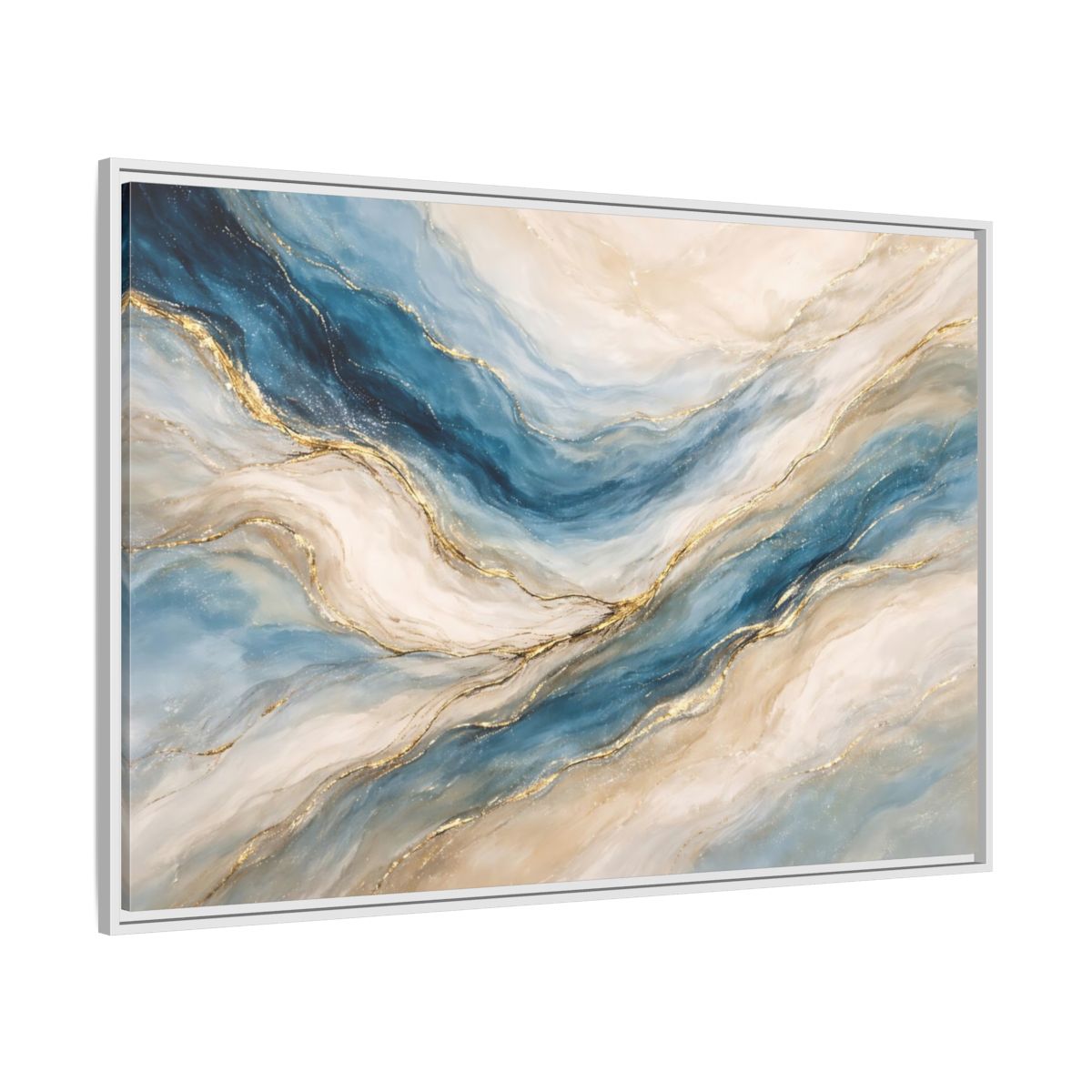 Side Mockup 7. Abstract Fluid Abstract Blue And Gold shown as stretched canvas wall art