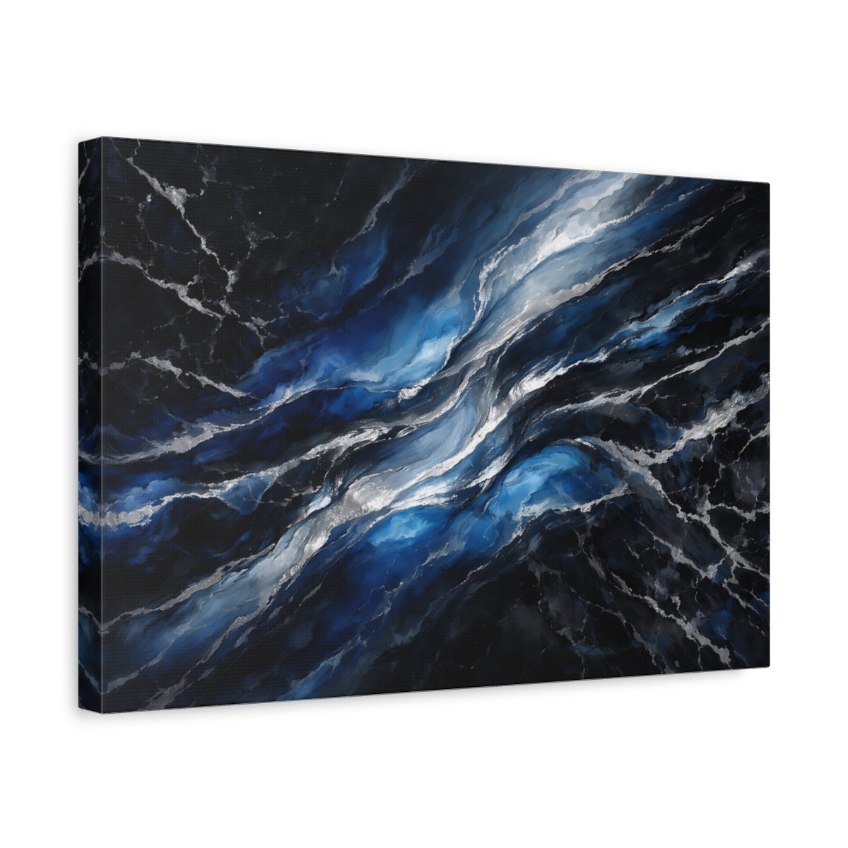 Side Mockup 4. Abstract Fluid Abstract Blue And Silver shown as stretched canvas wall art