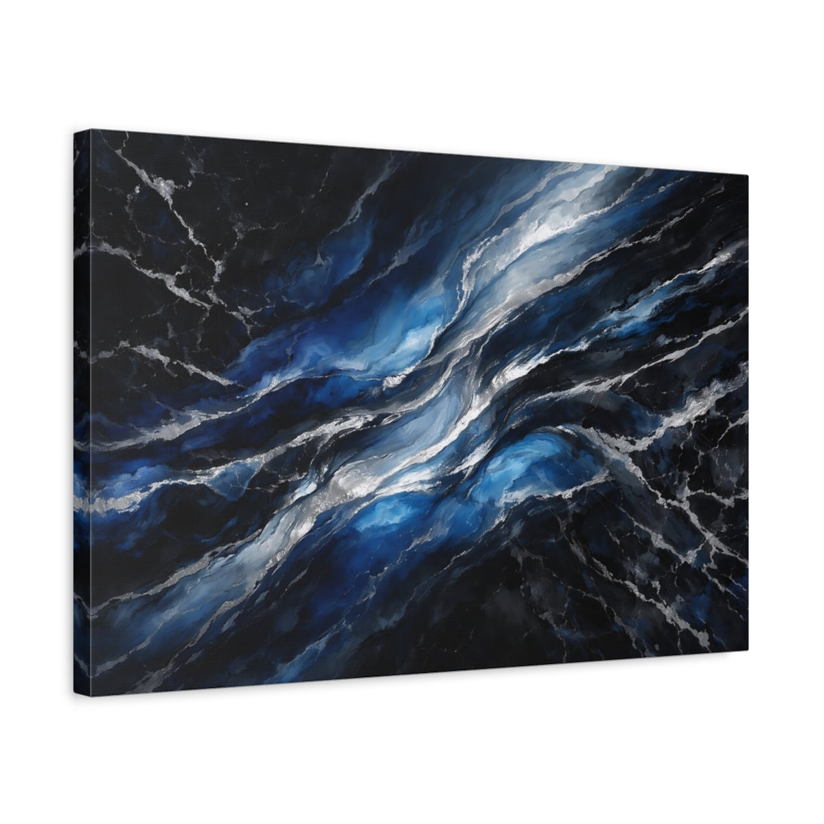 Side Mockup 3. Abstract Fluid Abstract Blue And Silver shown as stretched canvas wall art