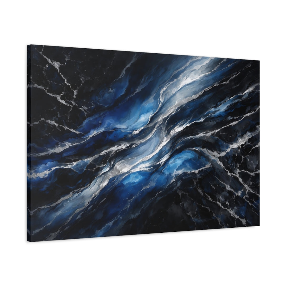Side Mockup 1. Abstract Fluid Abstract Blue And Silver shown as stretched canvas wall art