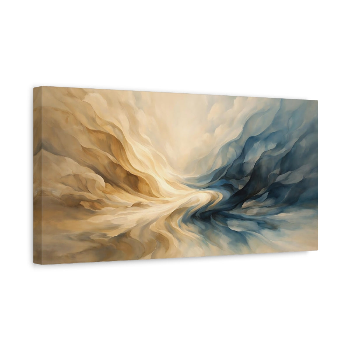 Side Mockup 3. Abstract Fluid Forms Blue And Gold Abstract shown as stretched canvas wall art