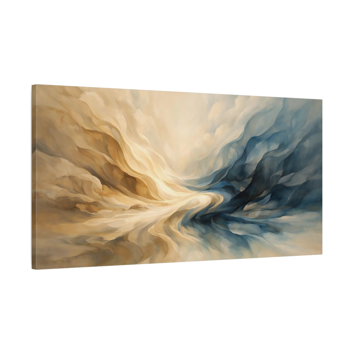 Side Mockup 1. Abstract Fluid Forms Blue And Gold Abstract shown as stretched canvas wall art