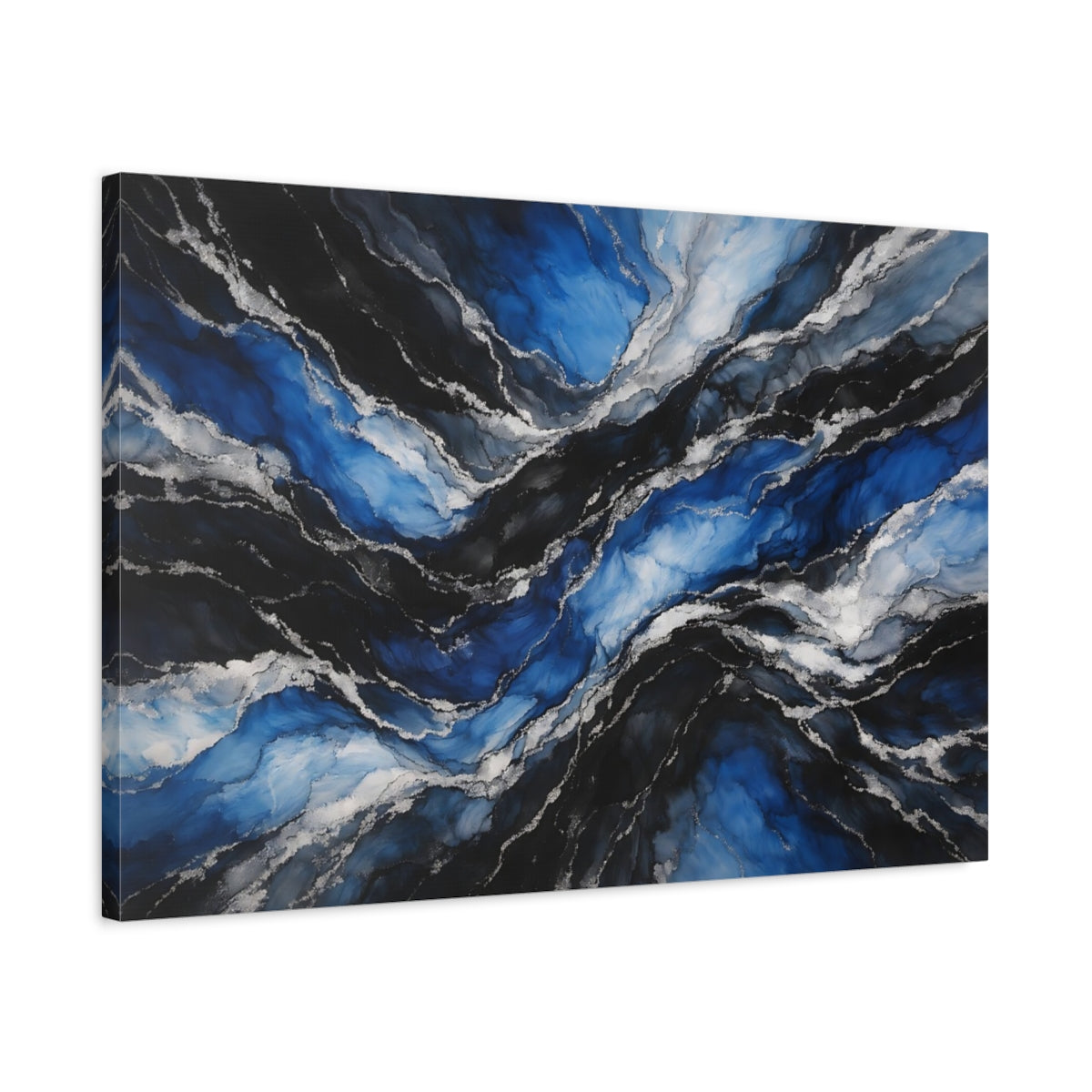 Side Mockup 2. Abstract Fluid Layers Blue Silver Abstract shown as stretched canvas wall art