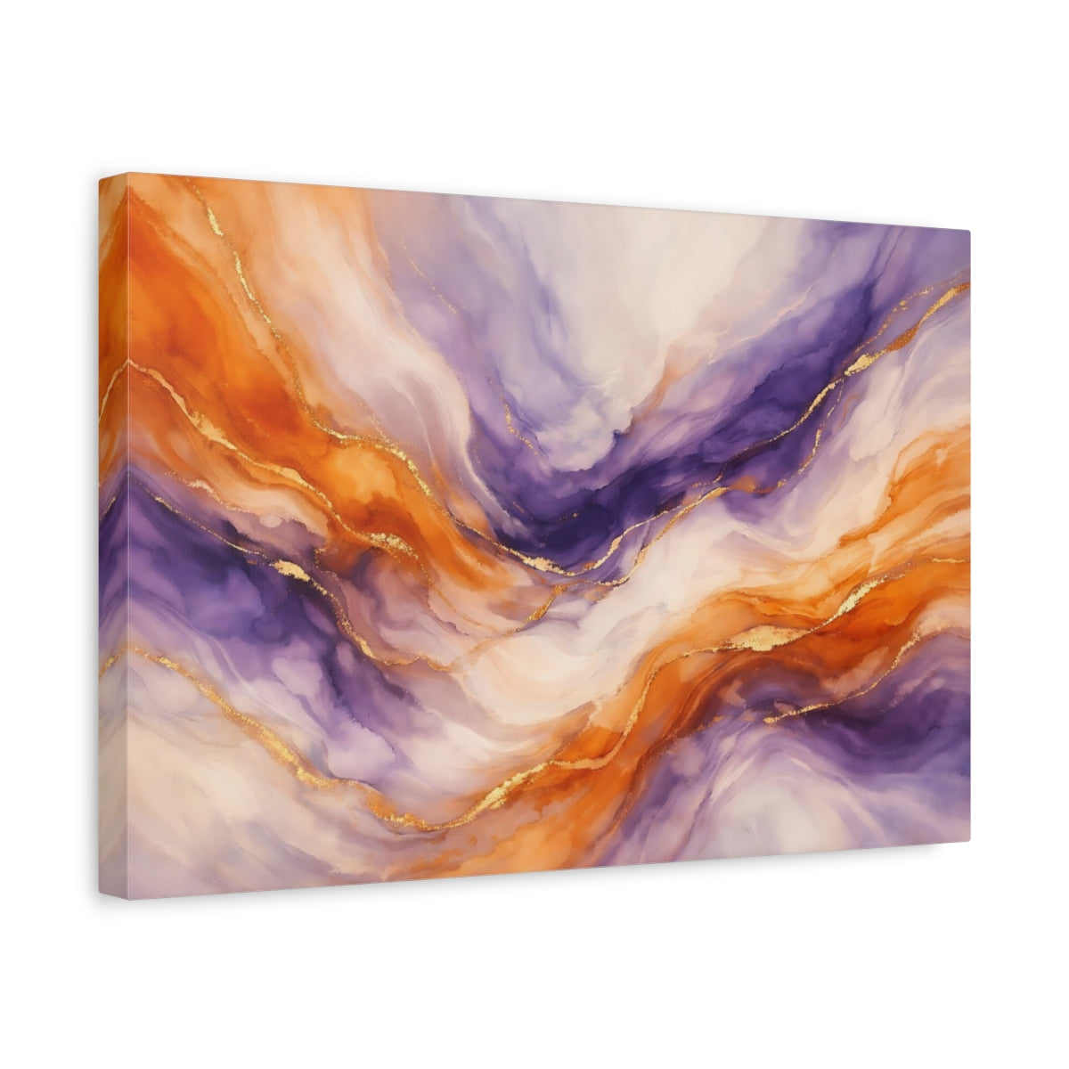 Side Mockup 4. Abstract Fluid Abstract Orange Purple Gold shown as stretched canvas wall art