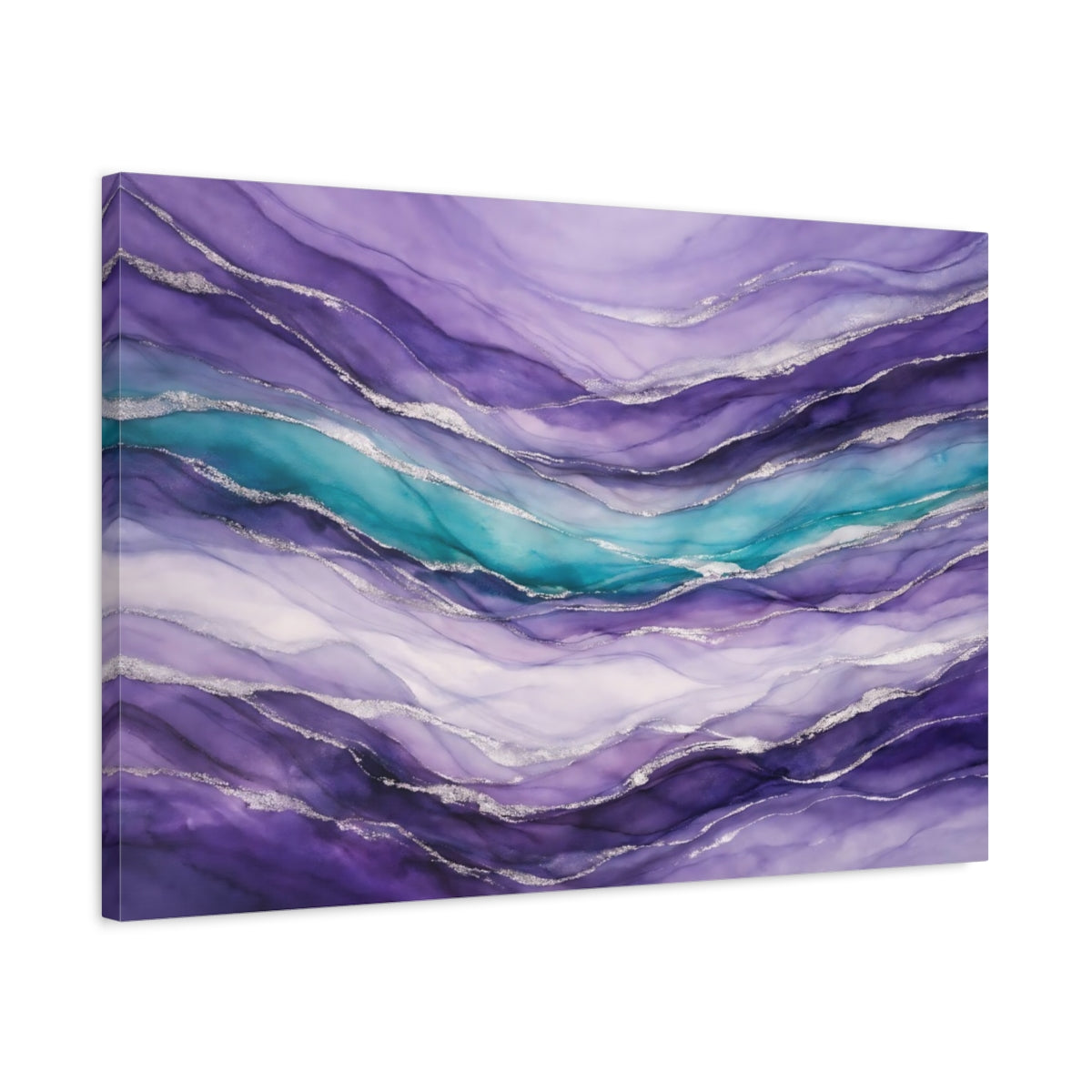 Side Mockup 2. Abstract Fluid Abstract Purple Teal Silver shown as stretched canvas wall art