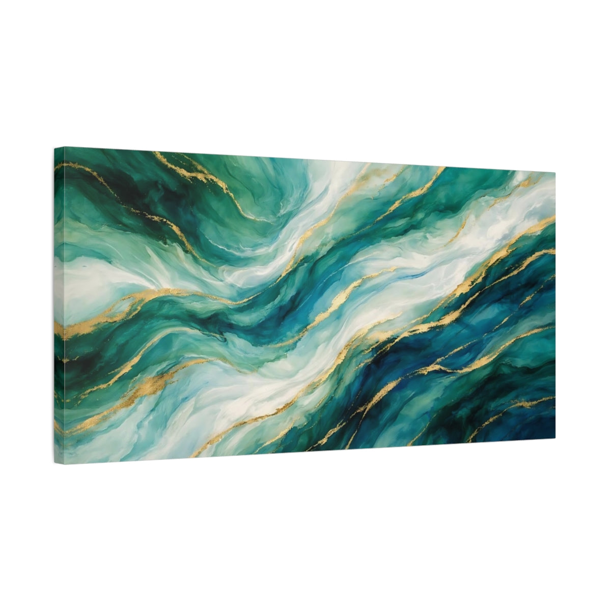 Side Mockup 2. Abstract Fluid Abstract Teal Gold Abstract shown as stretched canvas wall art