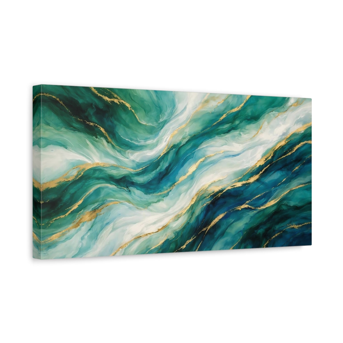 Side Mockup 3. Abstract Fluid Abstract Teal Gold Abstract shown as stretched canvas wall art