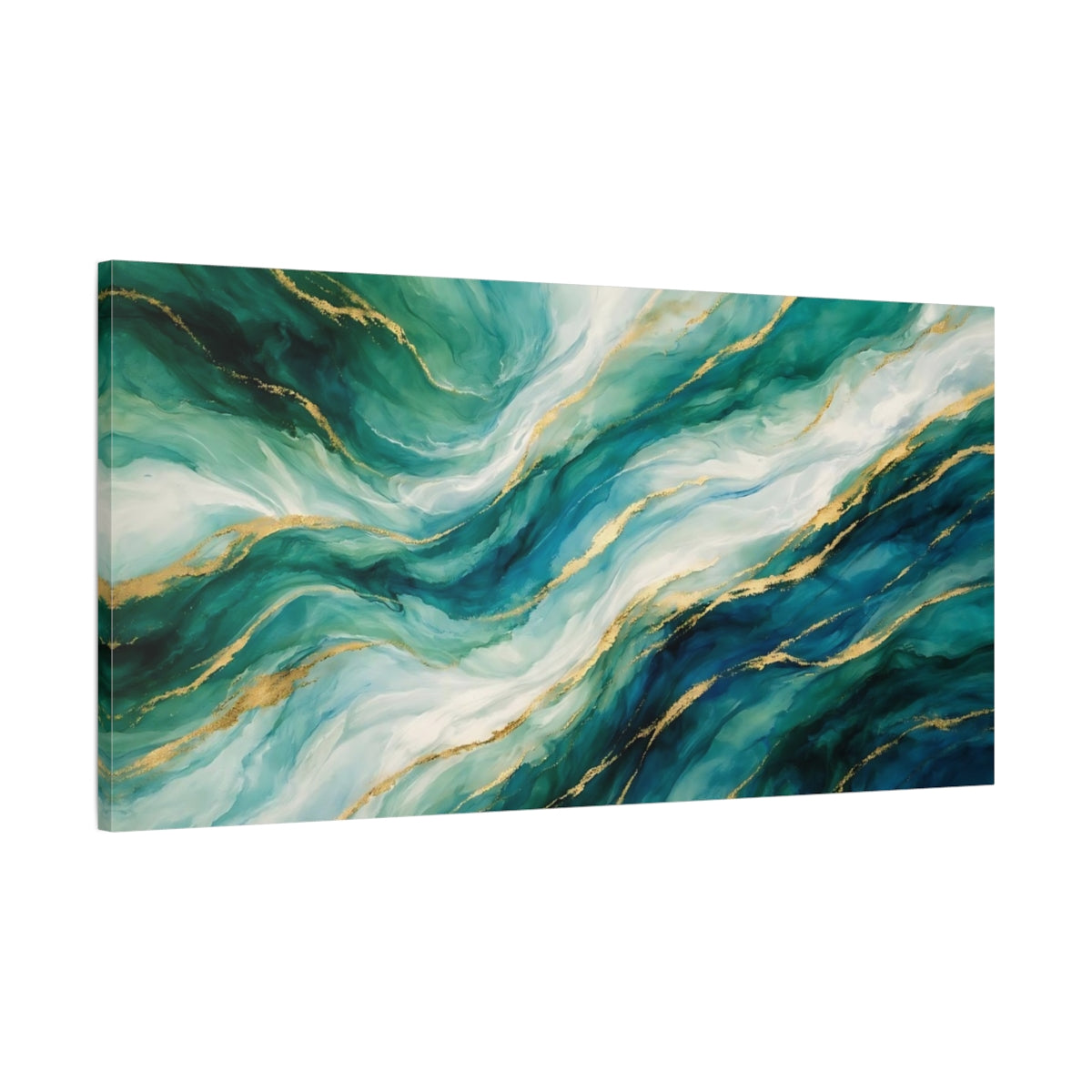 Side Mockup 1. Abstract Fluid Abstract Teal Gold Abstract shown as stretched canvas wall art