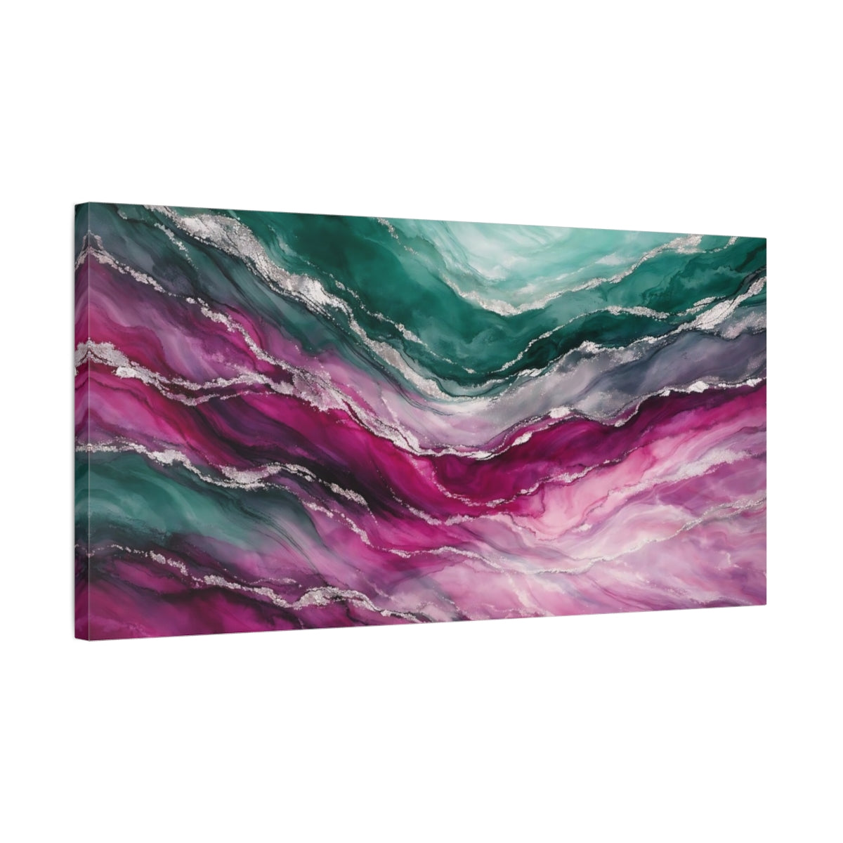 Side Mockup 2. Abstract Fluid Abstract Teal Pink Silver shown as stretched canvas wall art
