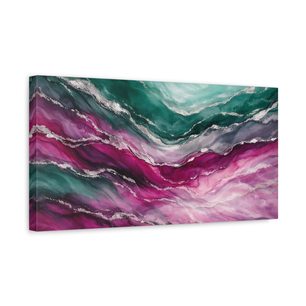 Side Mockup 3. Abstract Fluid Abstract Teal Pink Silver shown as stretched canvas wall art
