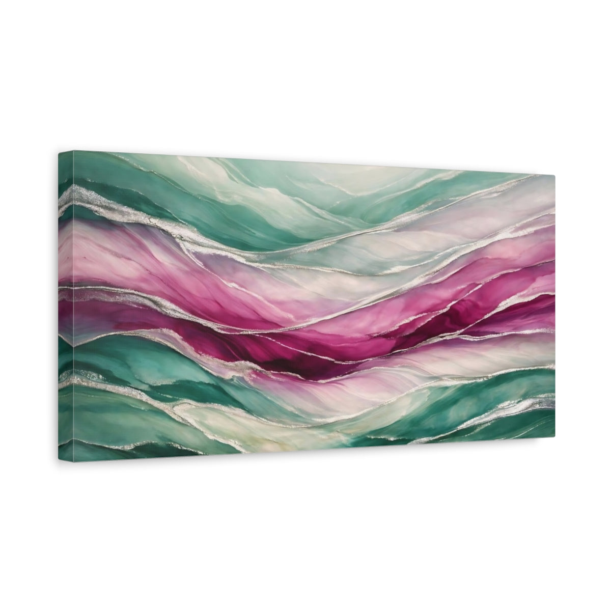 Side Mockup 3. Abstract Fluid Abstract Teal Pink Silver shown as stretched canvas wall art