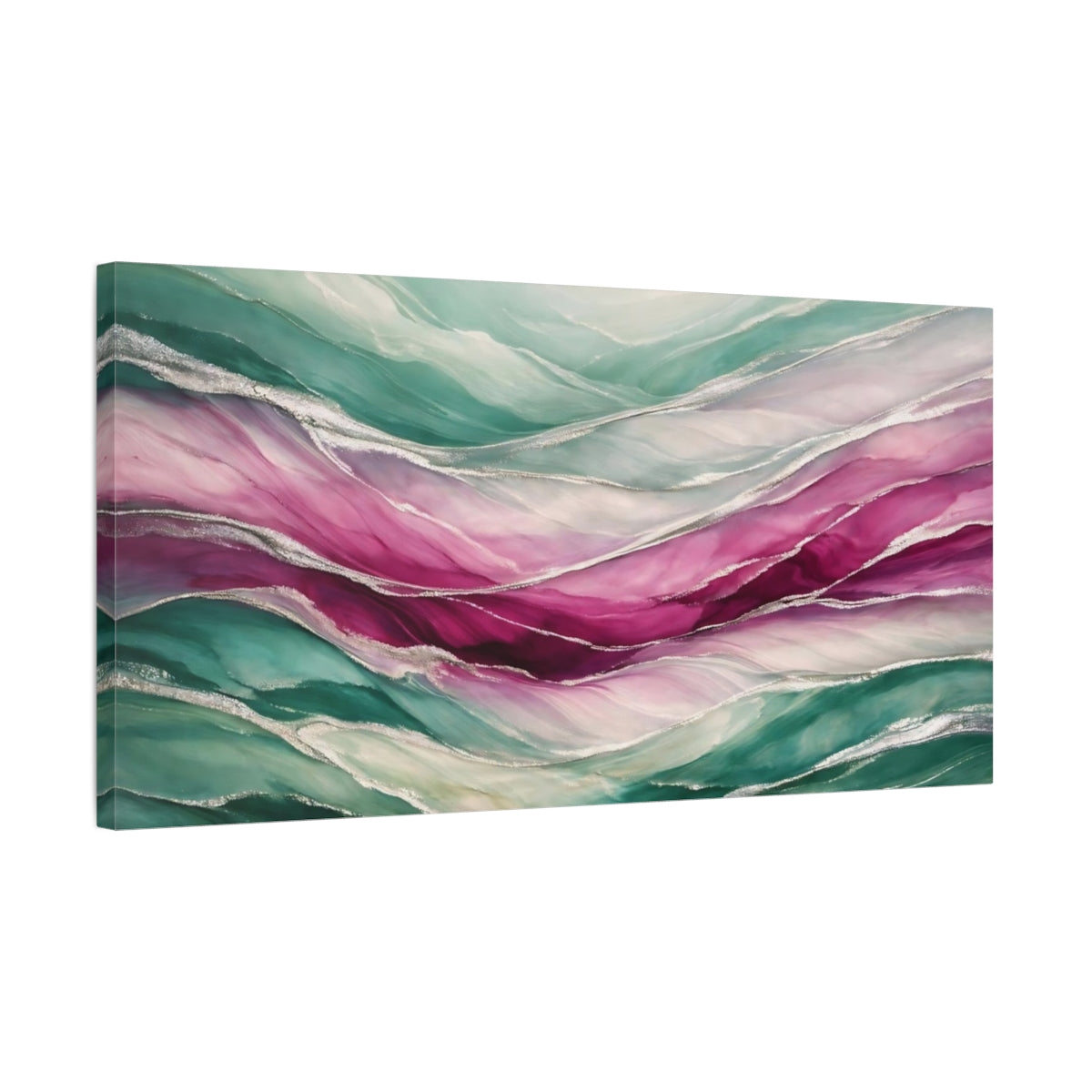 Side Mockup 2. Abstract Fluid Abstract Teal Pink Silver shown as stretched canvas wall art