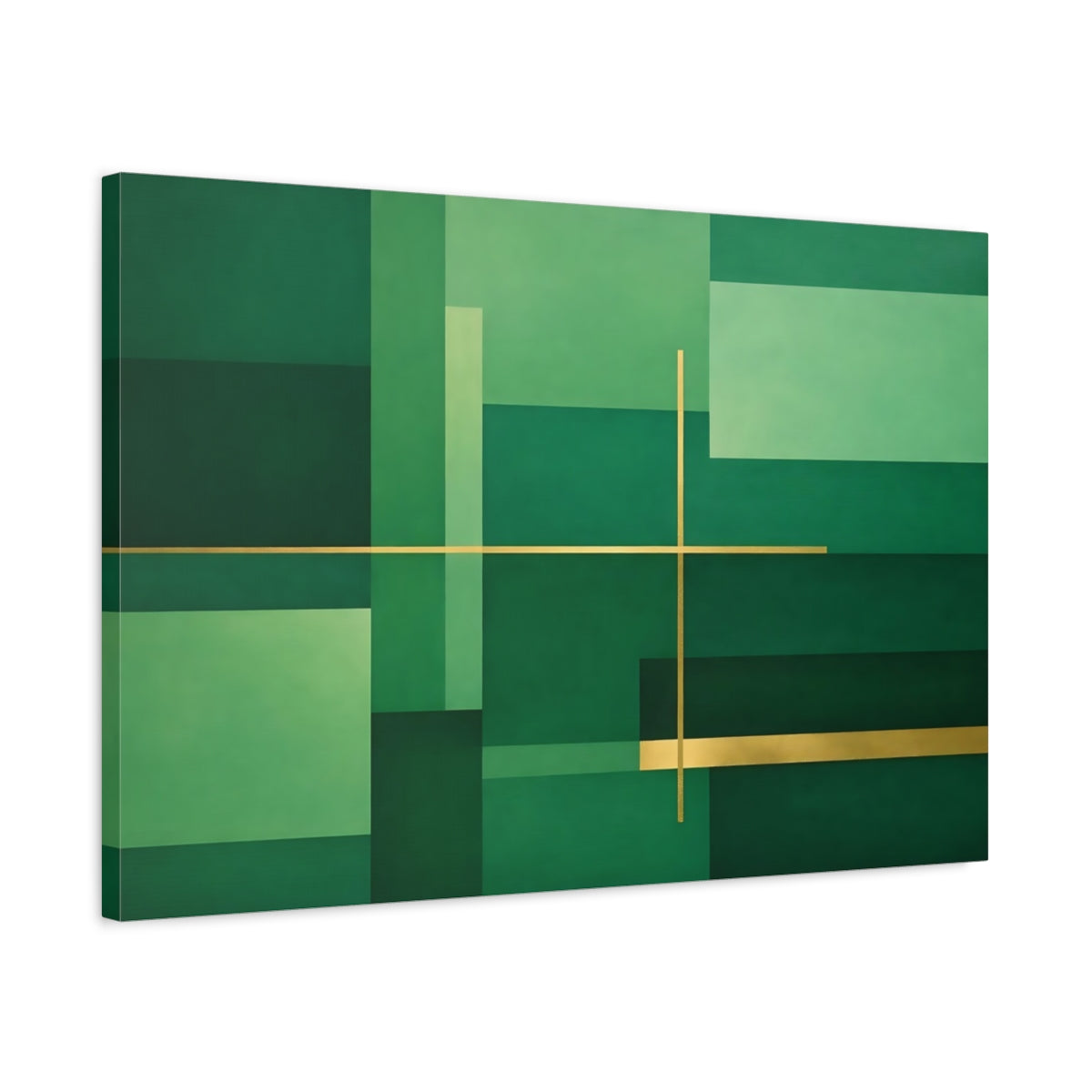 Side Mockup 2. Abstract Geometric Abstraction Green And Gold shown as stretched canvas wall art