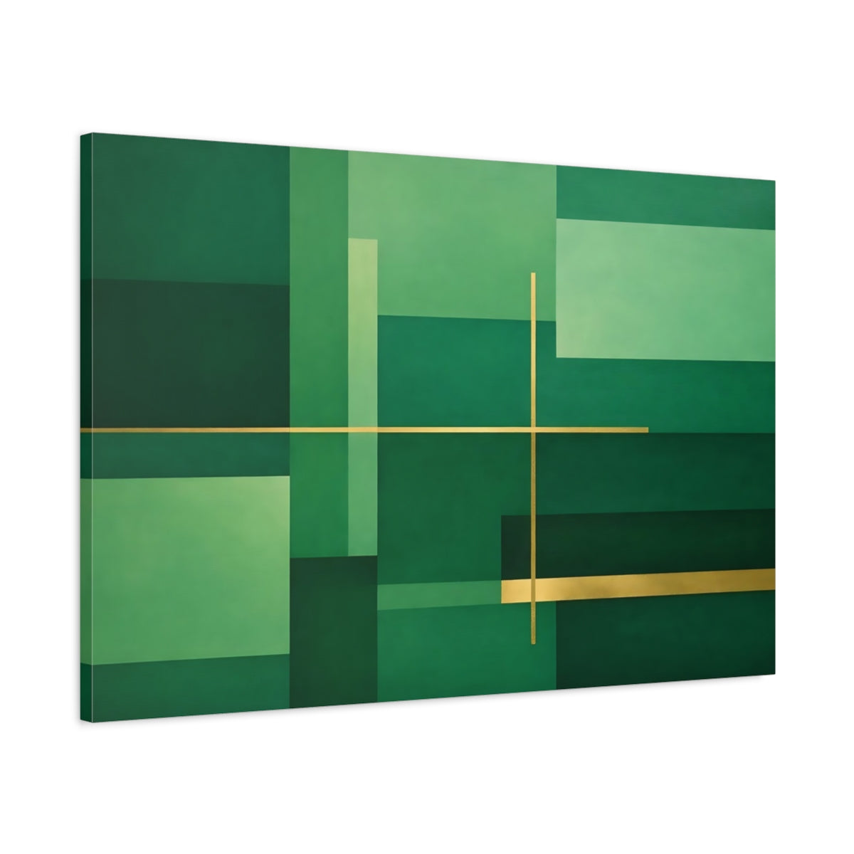 Side Mockup 1. Abstract Geometric Abstraction Green And Gold shown as stretched canvas wall art