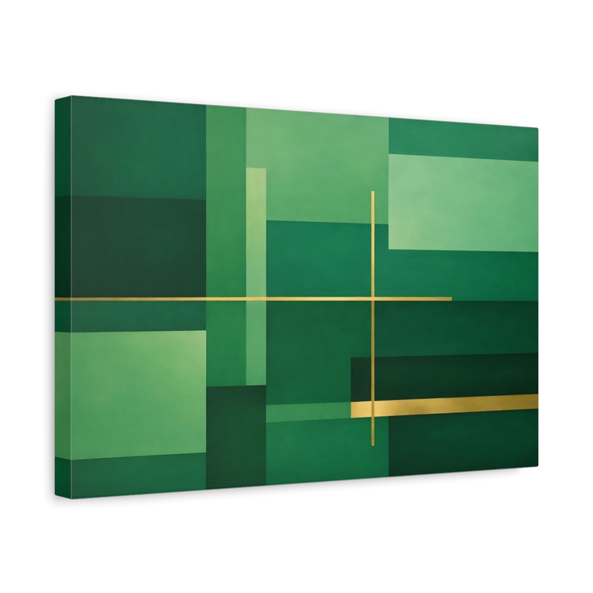 Side Mockup 4. Abstract Geometric Abstraction Green And Gold shown as stretched canvas wall art