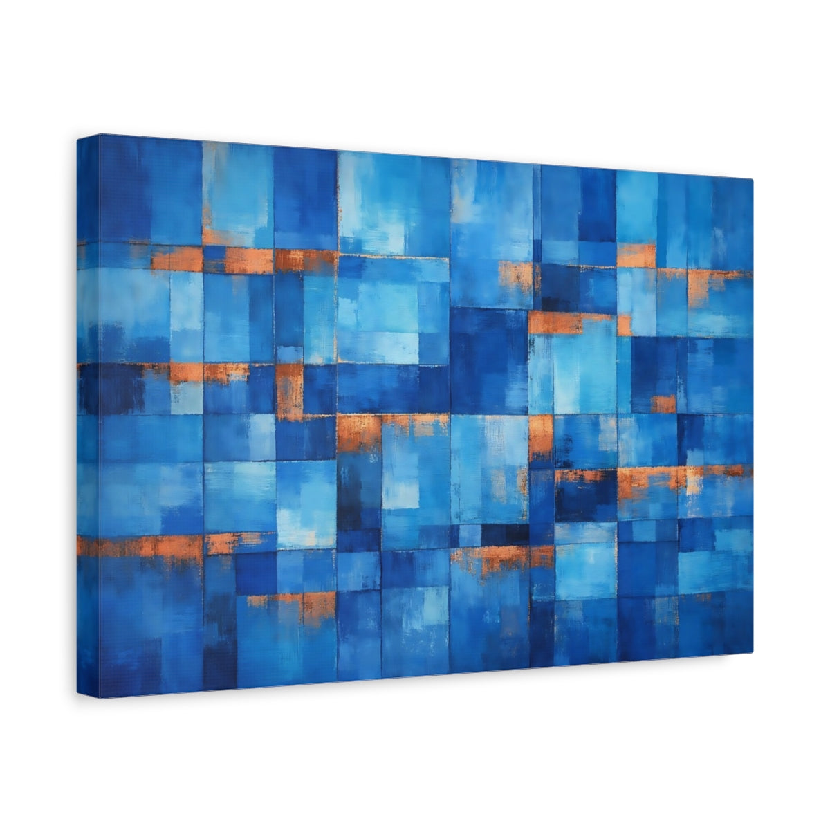 Side Mockup 4. Abstract Geometric Blocks Blue Copper shown as stretched canvas wall art