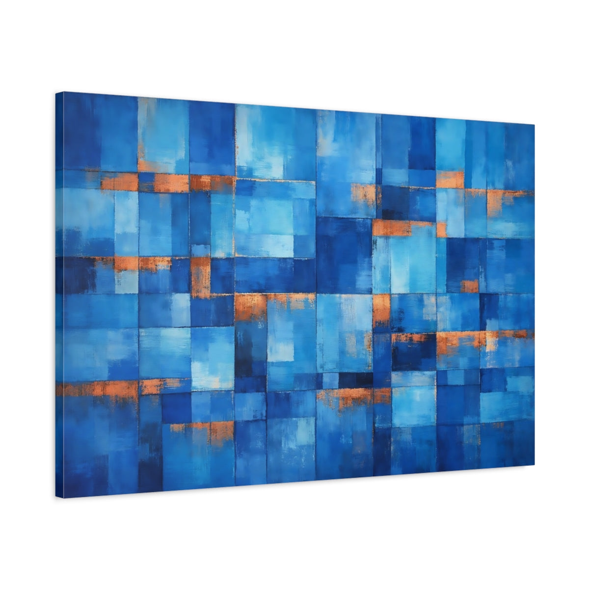 Side Mockup 1. Abstract Geometric Blocks Blue Copper shown as stretched canvas wall art