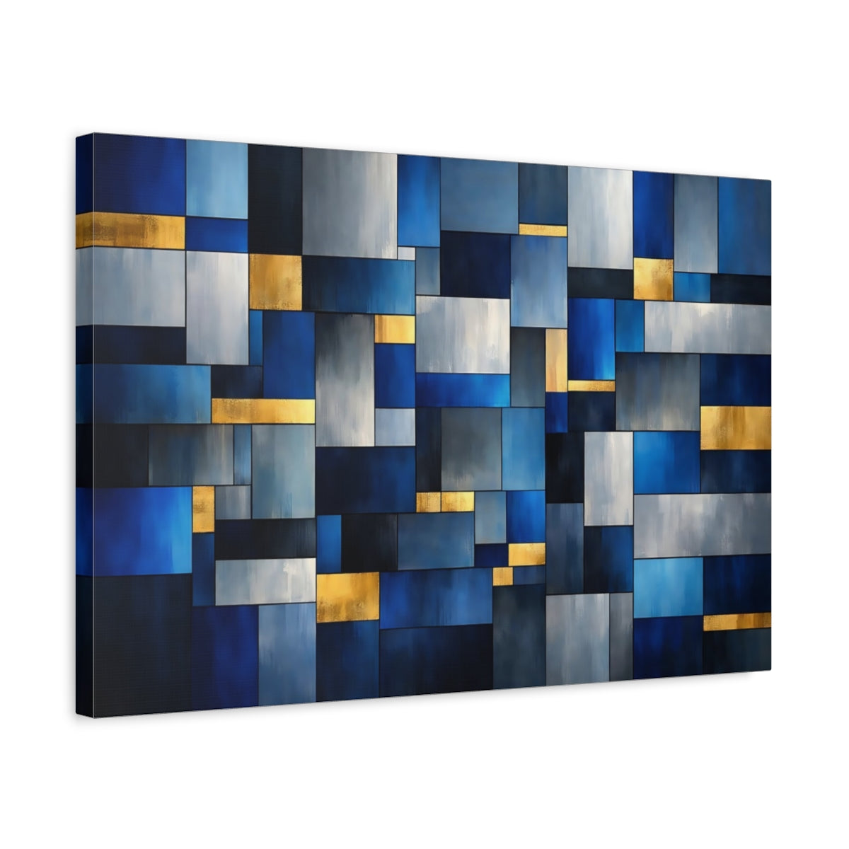 Side Mockup 3. Abstract Geometric Blocks Blue Gold Abstract shown as stretched canvas wall art