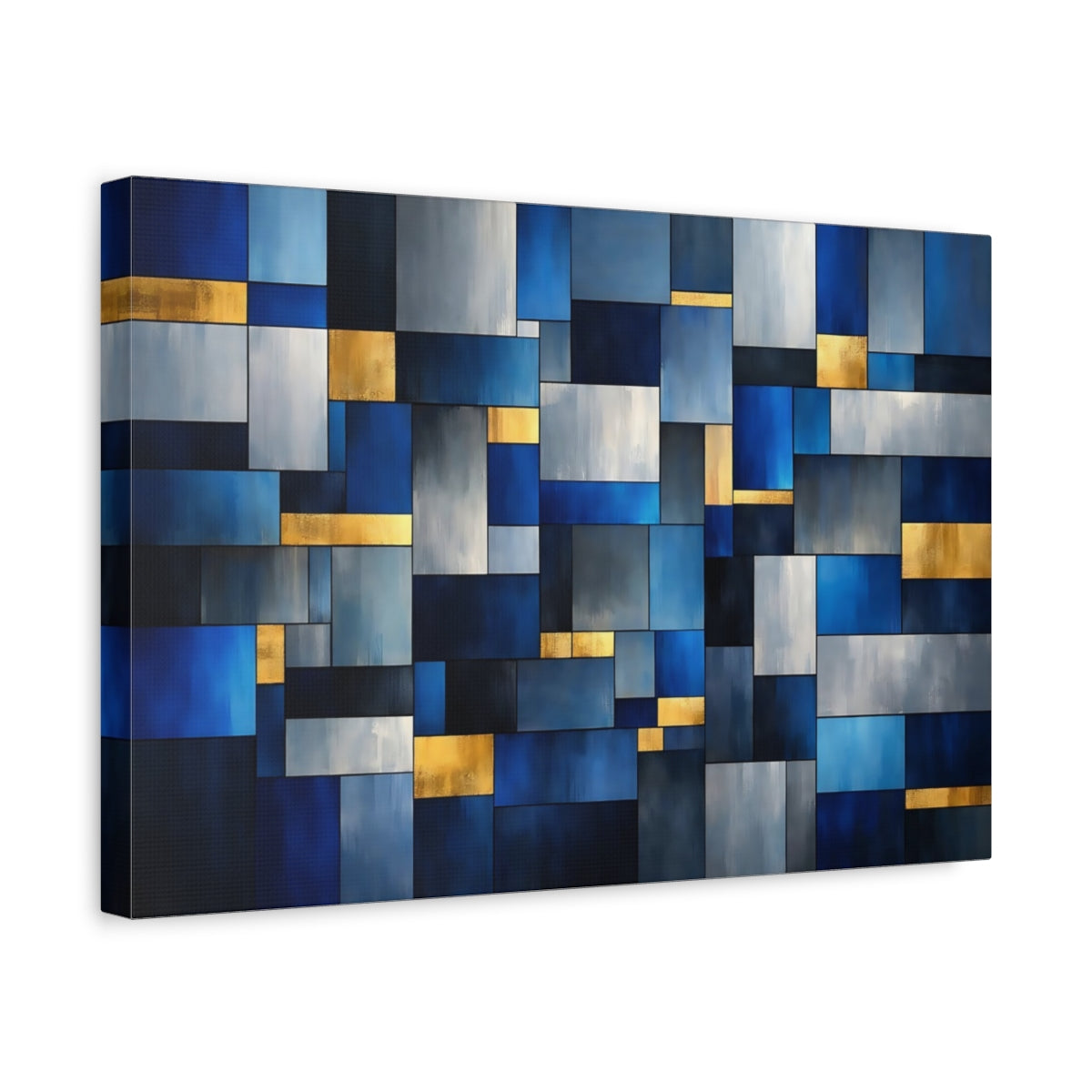 Side Mockup 4. Abstract Geometric Blocks Blue Gold Abstract shown as stretched canvas wall art