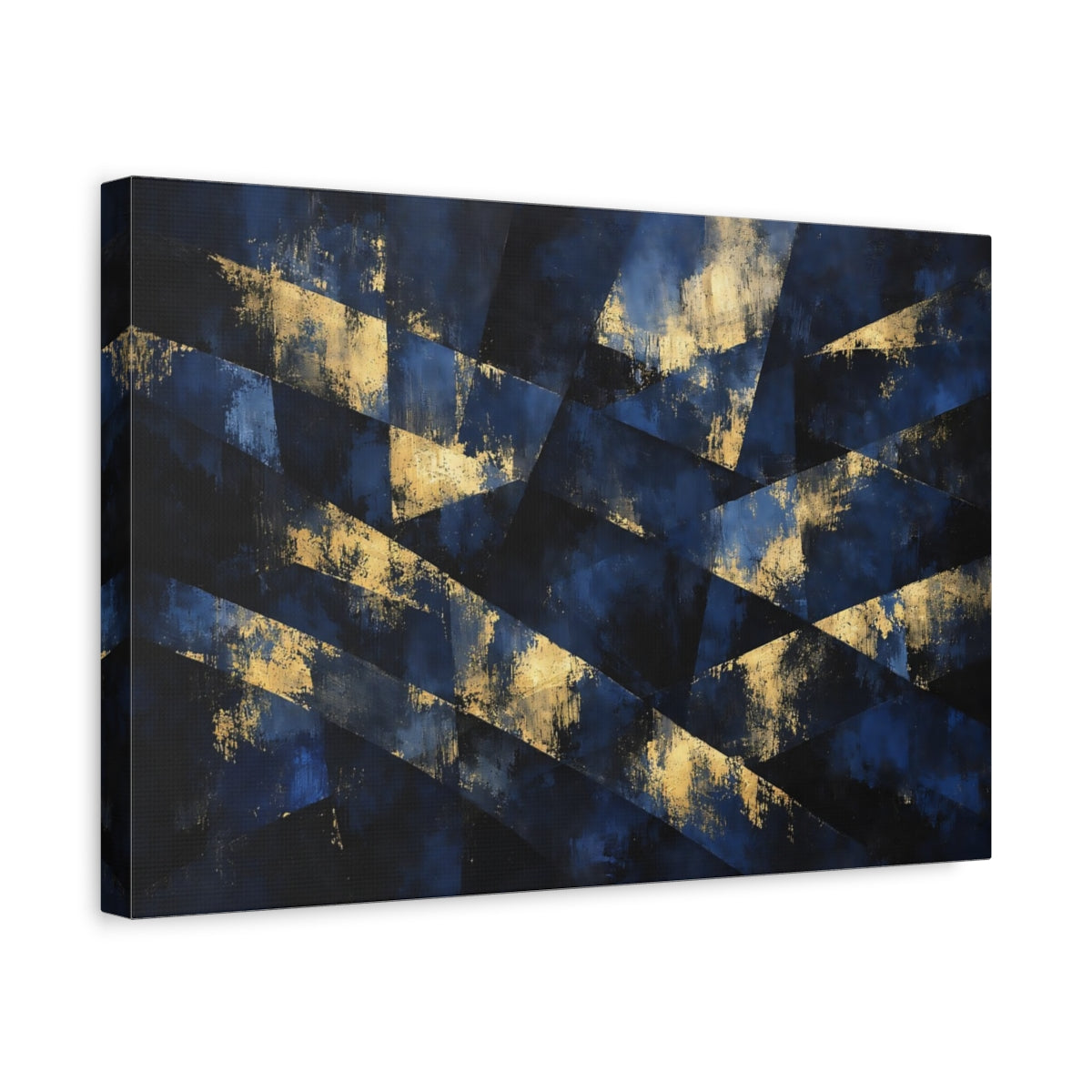 Side Mockup 4. Abstract Geometric Abstract Blue And Gold shown as stretched canvas wall art