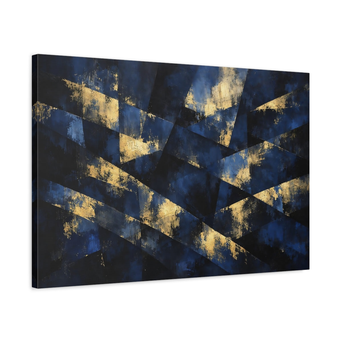 Side Mockup 2. Abstract Geometric Abstract Blue And Gold shown as stretched canvas wall art