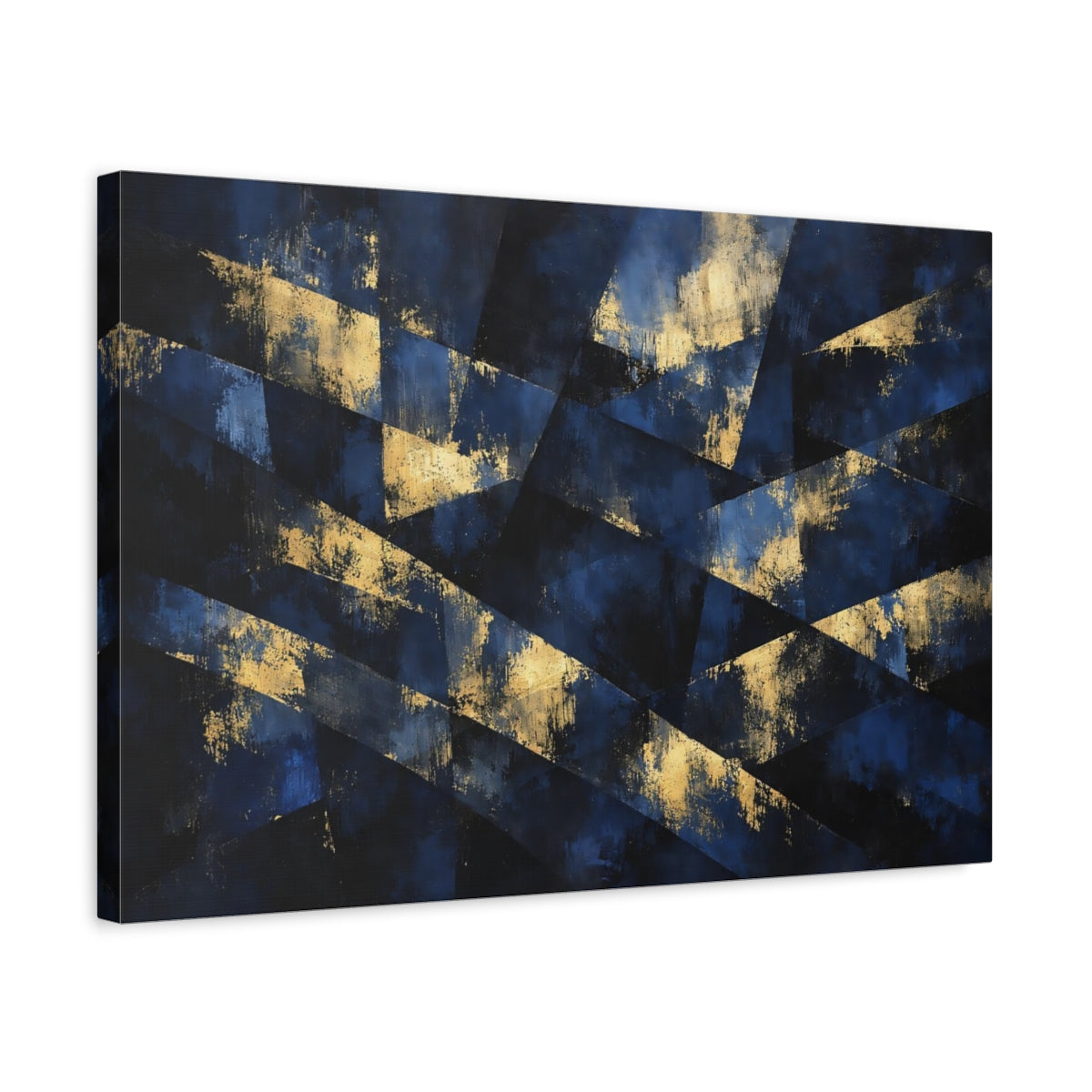 Side Mockup 3. Abstract Geometric Abstract Blue And Gold shown as stretched canvas wall art