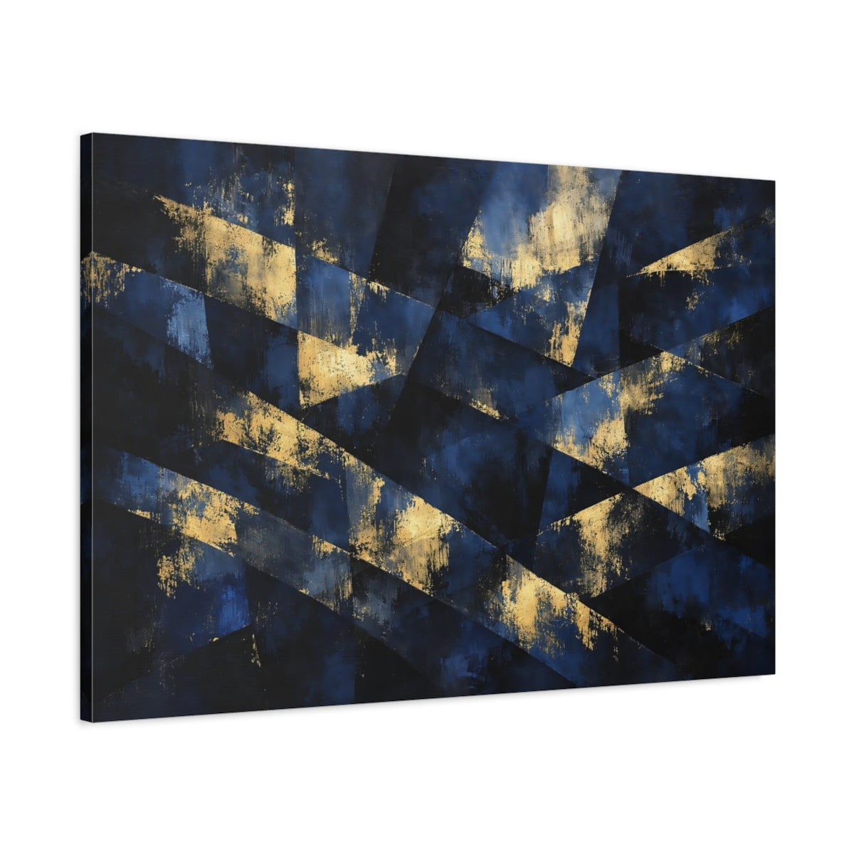 Side Mockup 1. Abstract Geometric Abstract Blue And Gold shown as stretched canvas wall art