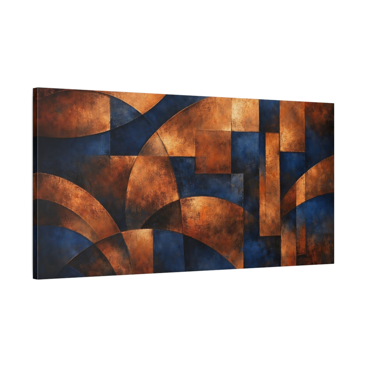 Side Mockup 1. Abstract Geometric Forms Blue And Copper Abstract shown as stretched canvas wall art