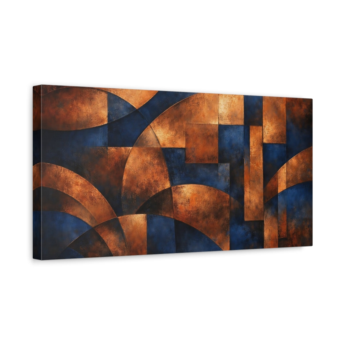 Side Mockup 3. Abstract Geometric Forms Blue And Copper Abstract shown as stretched canvas wall art