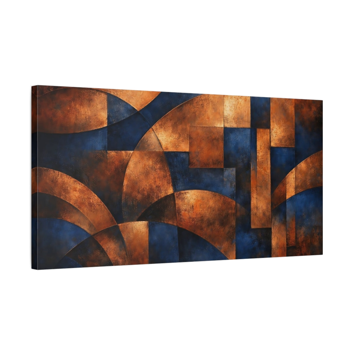 Side Mockup 2. Abstract Geometric Forms Blue And Copper Abstract shown as stretched canvas wall art