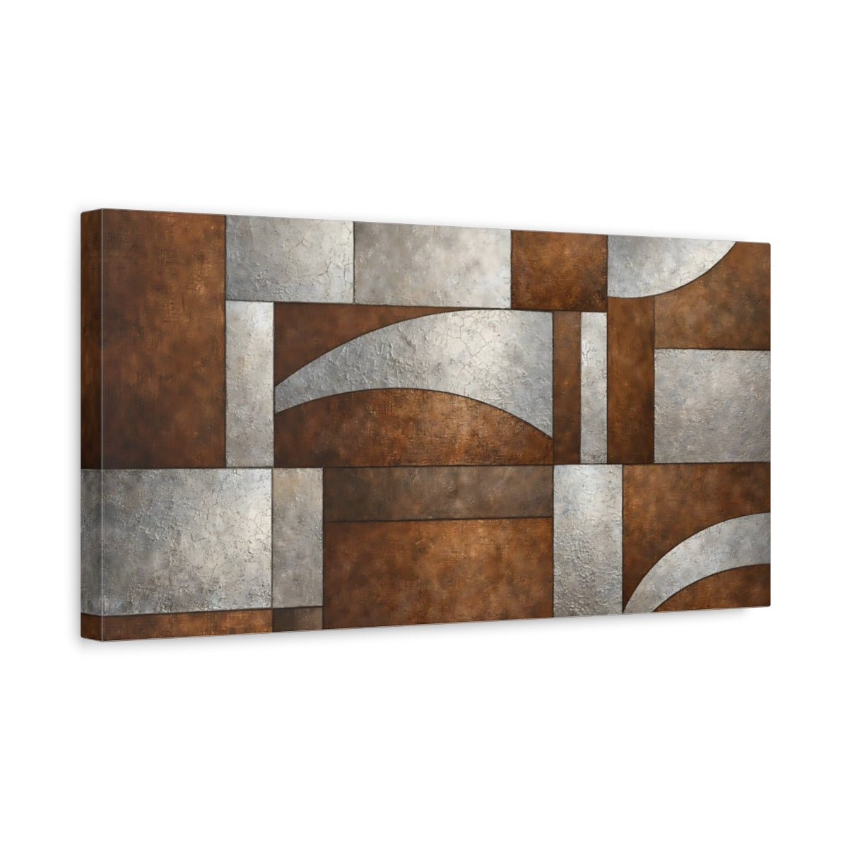 Side Mockup 3. Abstract Geometric Pattern Bronze And Silver shown as stretched canvas wall art