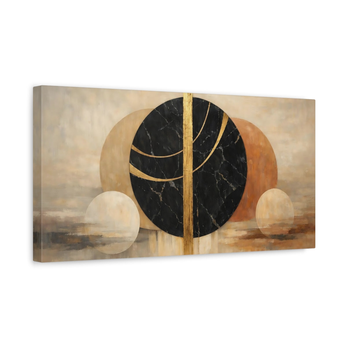 Side Mockup 3. Abstract Geometric Shapes Black Gold Abstract shown as stretched canvas wall art