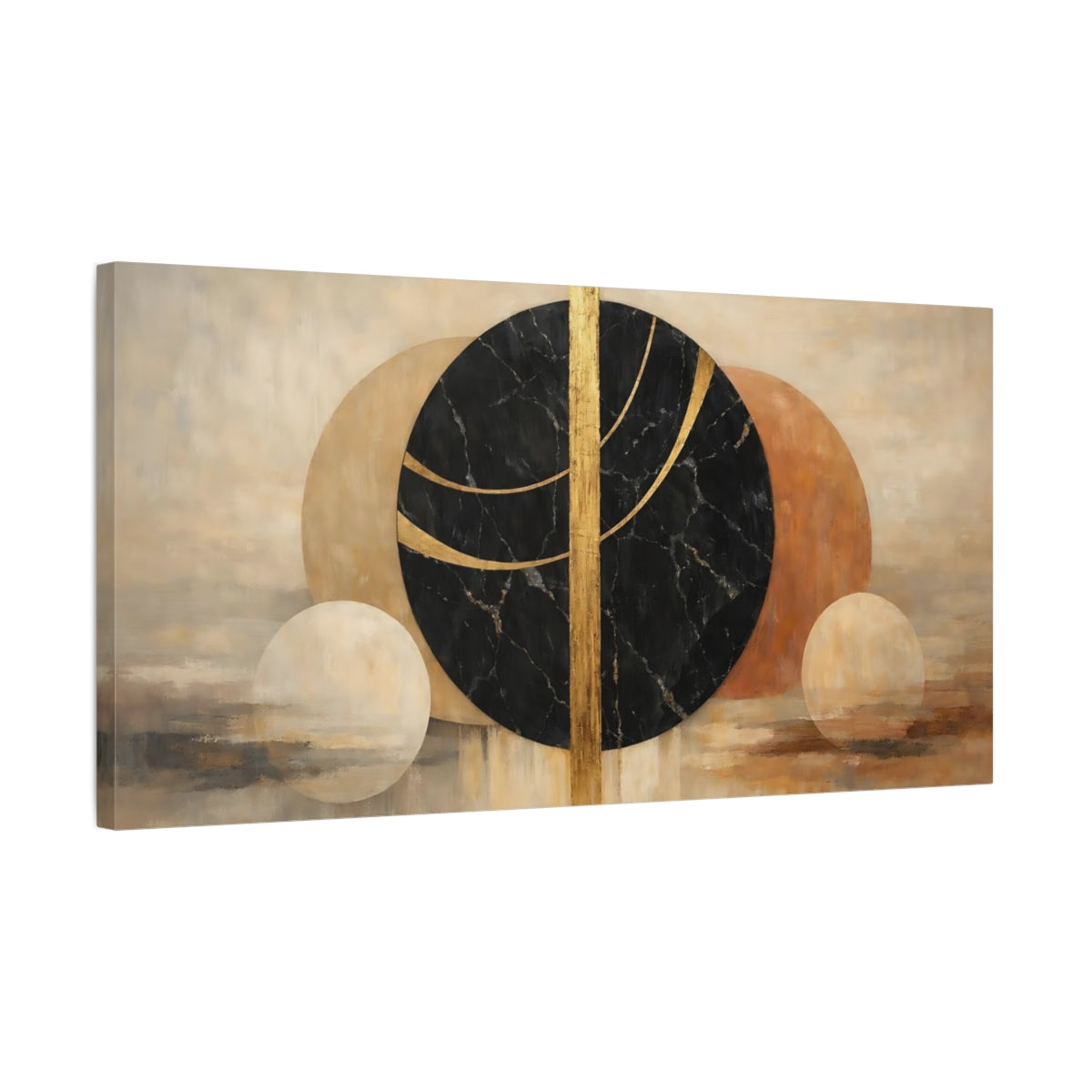 Side Mockup 2. Abstract Geometric Shapes Black Gold Abstract shown as stretched canvas wall art