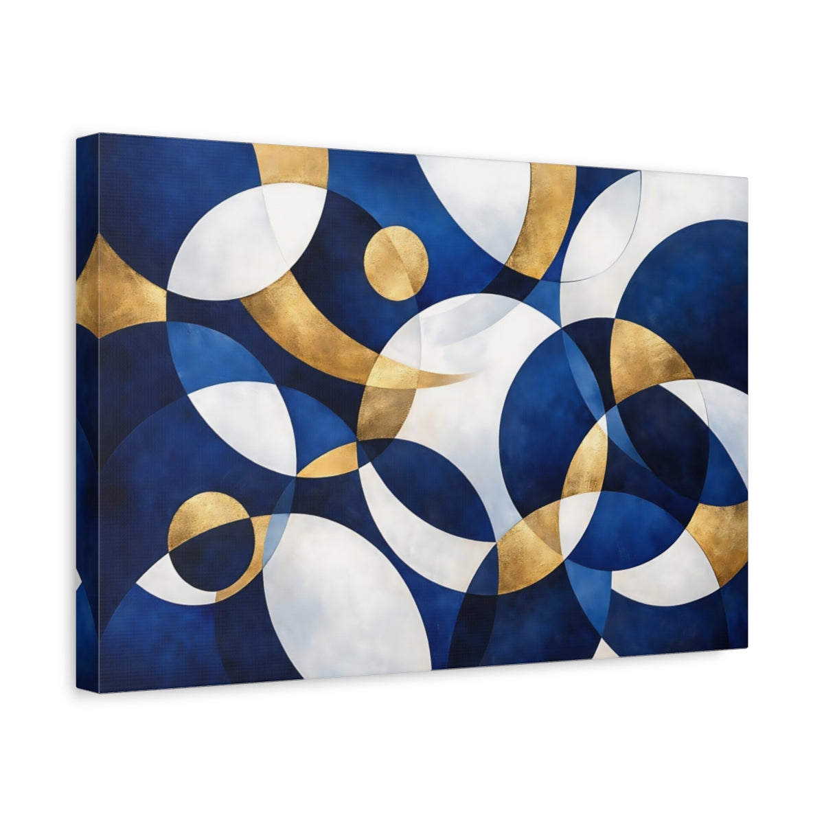 Side Mockup 4. Abstract Geometric Shapes Blue Gold Abstract shown as stretched canvas wall art