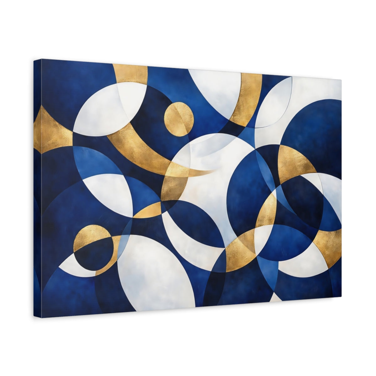 Side Mockup 3. Abstract Geometric Shapes Blue Gold Abstract shown as stretched canvas wall art