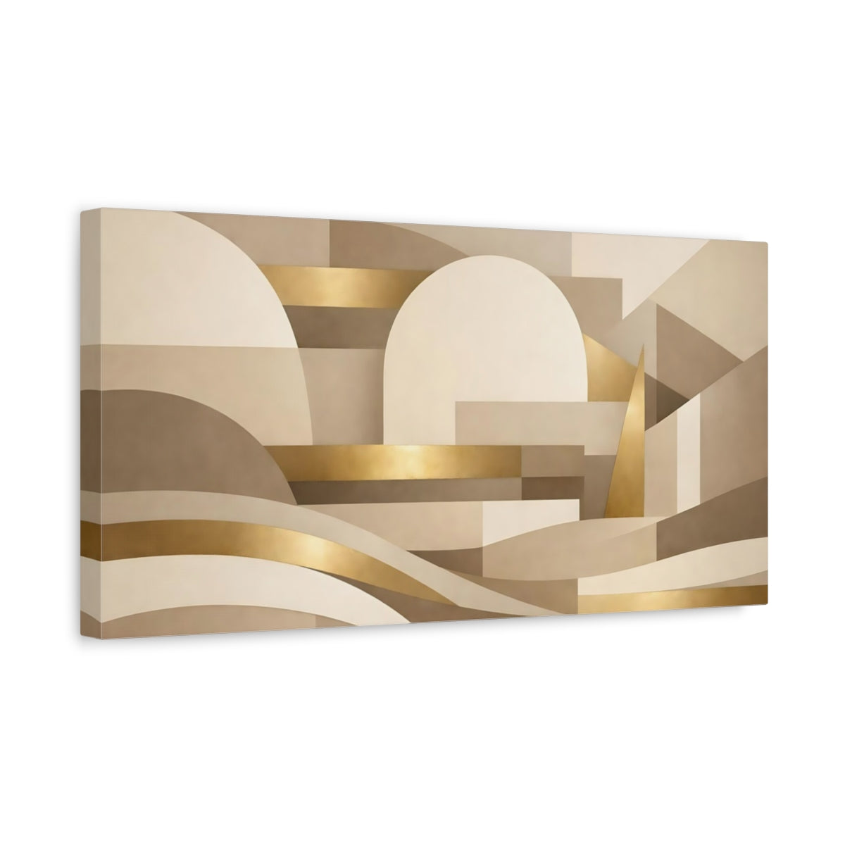 Side Mockup 3. Abstract Geometric Shapes Neutral And Gold Abstract shown as stretched canvas wall art
