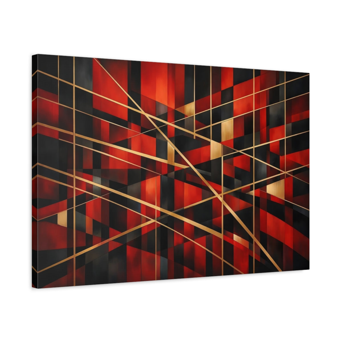 Side Mockup 2. Abstract Geometric Shapes Red Black Gold shown as stretched canvas wall art