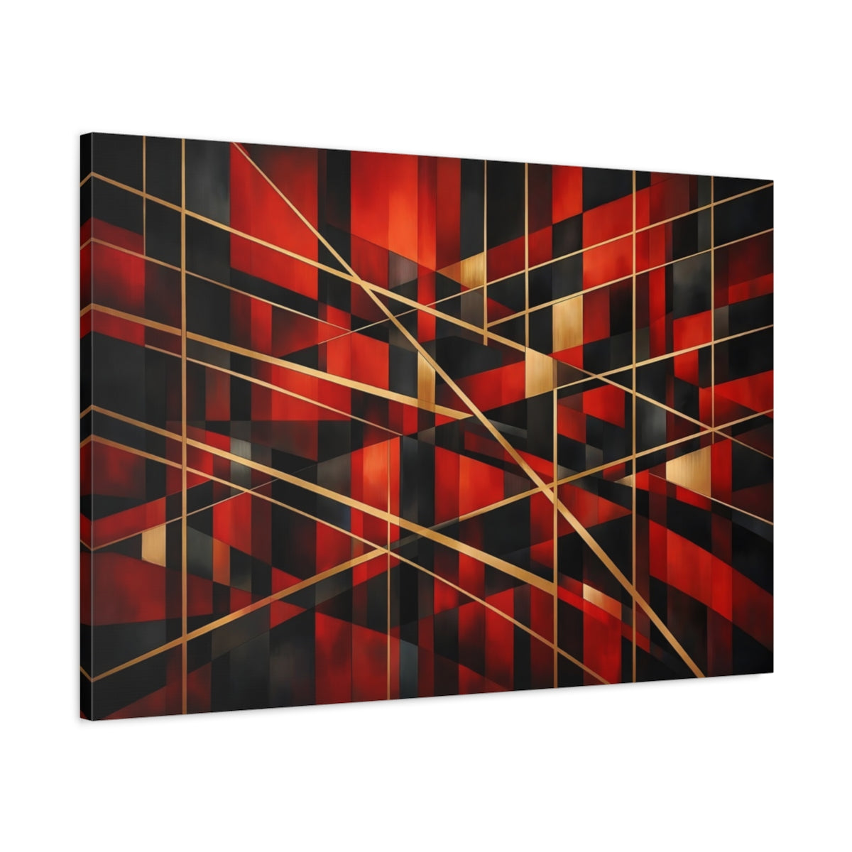 Side Mockup 1. Abstract Geometric Shapes Red Black Gold shown as stretched canvas wall art