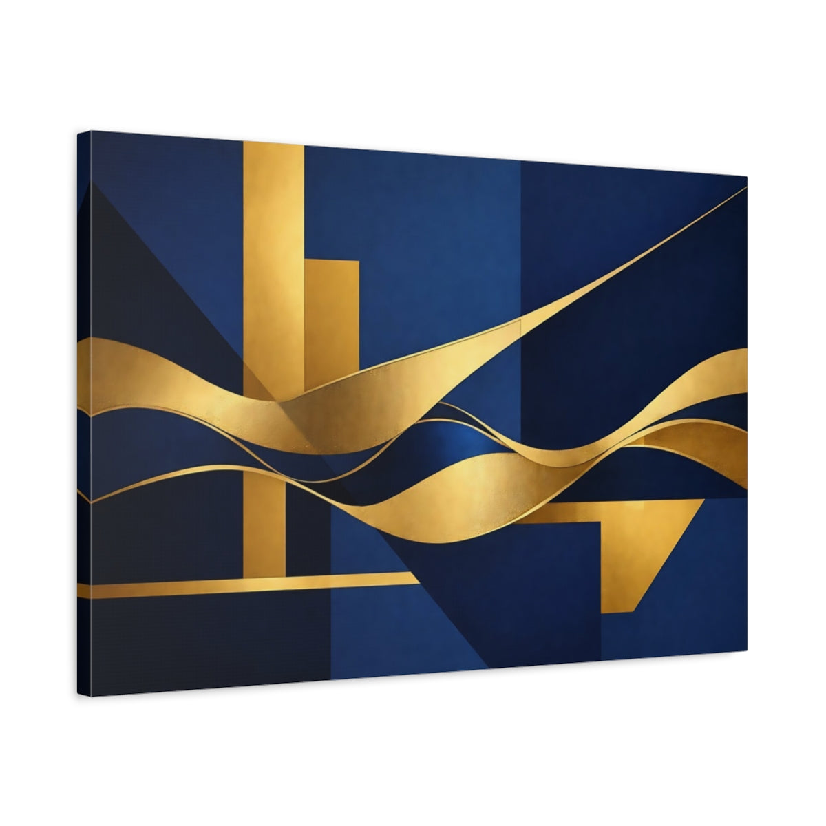 Side Mockup 2. Abstract Geometric Waves Blue And Gold shown as stretched canvas wall art